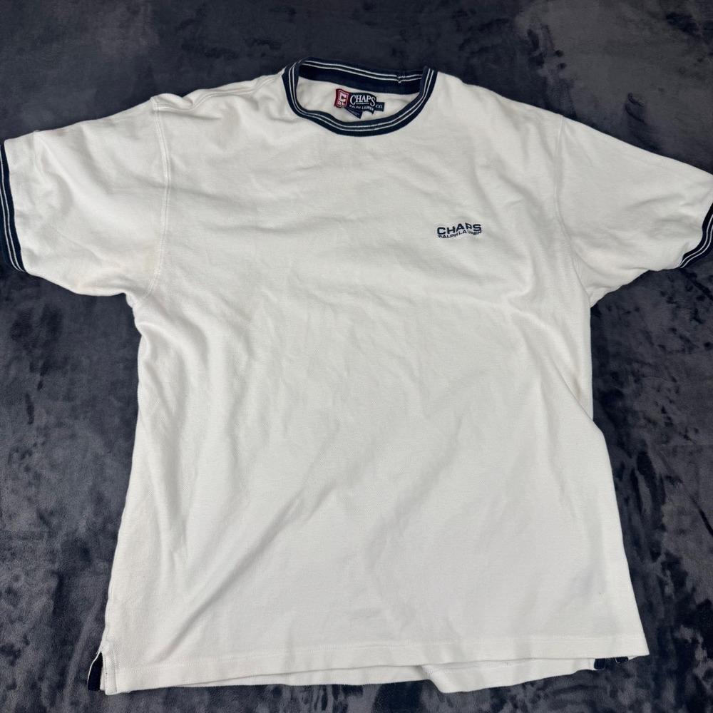 Chaps Ralph Lauren T-Shirt Mens XXL White Ringer Embroidered Logo Pique Cotton